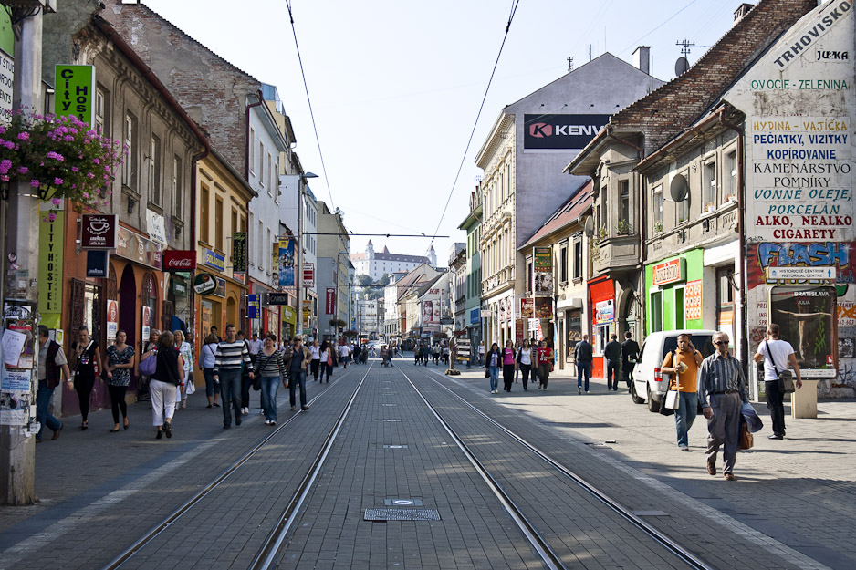 Obchodná ulica, the Queen St. of Bratislava. Very nice without cars; the tram were quite speedy.